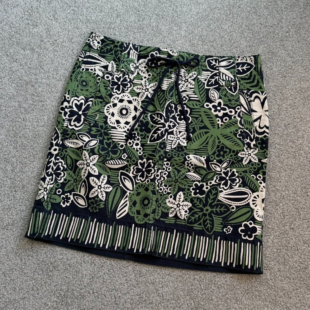 - Ann Taylor LOFT Mini Skirt Navy Blue Green Tropical Floral 100% Cotton US 2